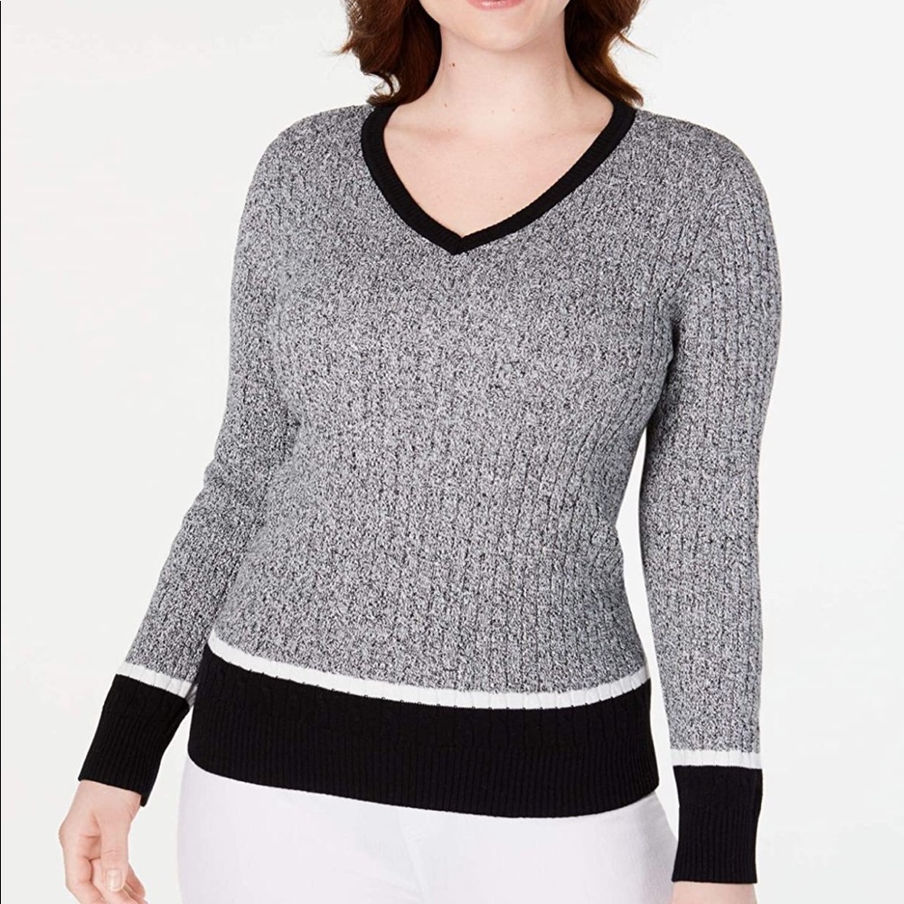 Karen Scott Striped Cable-Knit V-Neck Sweater Blue